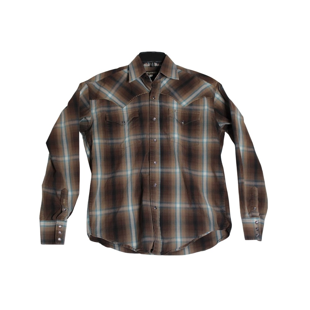Stetson Men's Brown Blue Plaid Western Pearl Snap L/S Shirt Small